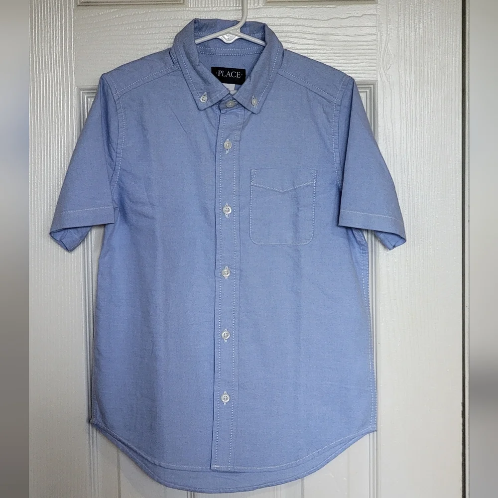 The Children's Place Blue Button Down Shirt Short Sleeve, M (7/8)